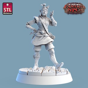 May include: A 3D printed miniature of a female character with a whimsical steampunk aesthetic. She has pointed ears, a mischievous grin, and is wearing a layered outfit with mechanical elements. She is standing on a circular base.
