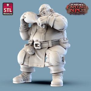 May include: A 3D printed miniature of a large, stout, human-like figure with a beard and a large, toothy grin. The figure is wearing a long coat, a belt with a pouch, and knee pads. The figure is holding a large piece of meat in its hands and is in the process of taking a bite. The figure is posed in a squatting position, with its legs bent at the knees. The miniature is painted in a light gray color.
