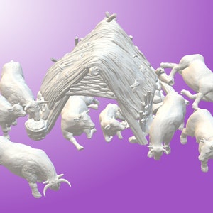 May include: A white 3D printed model of a small thatched hut with several white cows surrounding it. The cows are in various poses, some standing, some lying down, and some looking at the hut.