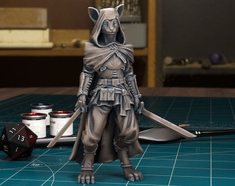 Cat People Fighter Miniature | Cat Folk Rogue Miniature | for D&D 5e, Pathfinder and other RPG&#39;s | 28mm | 32mm | 75mm