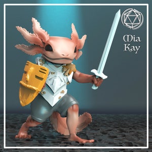 May include: A 3D-rendered axolotl warrior figurine, posed with a sword and shield. The axolotl is pink with a white and silver breastplate, gray shorts, and a gold shield. The text "Mia Kay" is in the upper right corner.