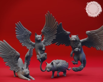 Tressym Set Miniature | Winged Cat Miniature Set | for D&D 5e, Pathfinder and other RPG's | 32mm