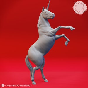 Può includere: Una statuetta di unicorno bianco in piedi sulle zampe posteriori con le zampe anteriori sollevate in aria. L'unicorno ha una criniera e una coda lunghe e fluenti. La statuetta è realizzata in un materiale bianco liscio ed è posizionata su uno sfondo rosso.