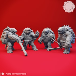 May include: Four gray, detailed, miniature turtle figurines with different weapons. The turtles are posed in a fighting stance.