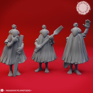 Könnte beinhalten: Drei graue Figuren, die weiße Roben tragen und Utensilien halten. Die Figur links hält ein Messer, die Figur in der Mitte hält eine Gabel und die Figur rechts hält einen Löffel und winkt.