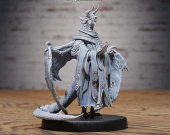May include: A gray, detailed miniature of a dragon wearing a robe and holding its hands in prayer. The dragon has wings and a long tail. The miniature is on a black base. BASE SIZE: MEDIUM (25.5MM) #3201