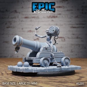 May include: A gray plastic miniature of a monkey holding a lit torch and a barrel, riding a cannon with a skull hanging from the barrel. The cannon is on a wooden base with two cannonballs. The base is 51 mm in diameter.  #3291