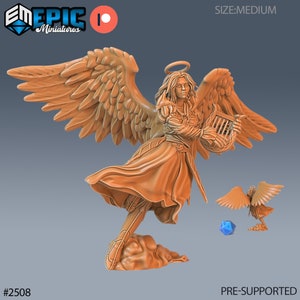 Peut inclure: Une miniature d'ange jouant de la lyre, imprimée en 3D. L'ange porte une robe flottante et a des ailes. La miniature est pré-supportée et est de taille moyenne.