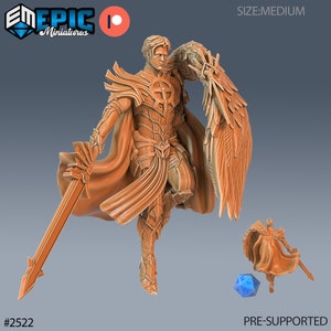 Peut inclure: Une figurine de guerrier ailé imprimée en 3D tenant une épée et un bouclier. La figurine est en position de vol et porte une armure et une cape flottante. La miniature est pré-supportée et est étiquetée "#2522" et "SIZE:MEDIUM".