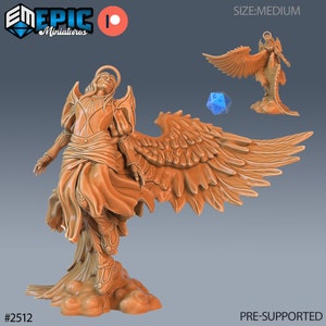 Peut inclure: Une miniature d'ange imprimée en 3D avec des ailes déployées, debout sur une base de nuage. L'ange porte une armure et une robe flottante. La miniature est pré-supportée et de taille moyenne.