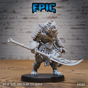 May include: A gray, detailed miniature of a wolf-like creature wearing armor and holding a curved blade. The miniature is standing on a black base. The base size is medium (25.5 mm). #3582