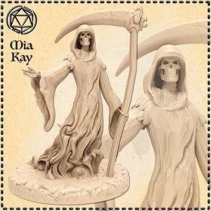 May include: A skeletal figure in a hooded robe holds a large scythe. The figure is standing on a circular base with a textured surface. The figure is painted in a light brown color.