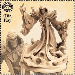 Könnte beinhalten: Eine detaillierte, geformte Figur eines robenbekleideten Wesens mit einem verhüllten Gesicht, das auf einem wirbelnden Sockel steht. Die Figur ist aus einem hellbraunen Material gefertigt und scheint aus Stein zu sein.