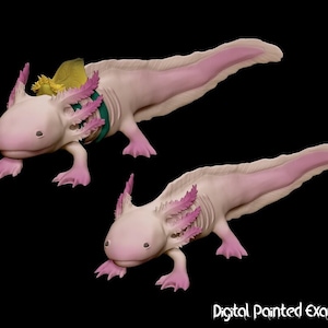 Könnte beinhalten: Zwei rosa Axolotl, einer mit einem gelben und grünen Blatt-Kopfstück, sind in einem digitalen Gemälde dargestellt. Die Axolotl haben gefiederte Kiemen und sind in einer Gehposition dargestellt.