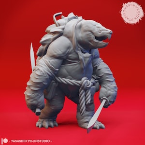 May include: A gray, detailed miniature figurine of a turtle-like creature with a humanoid body, wearing a rope belt and holding two swords. The creature has a large head with a toothy mouth and a shell-like back.