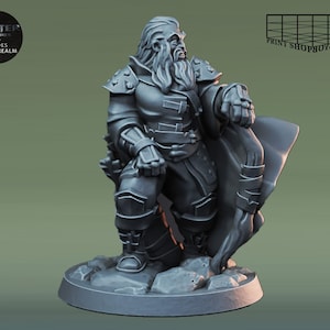 May include: A grey painted miniature figurine of a dwarf warrior wearing armour and a cloak. The dwarf has a long white beard and is holding a weapon in his right hand.