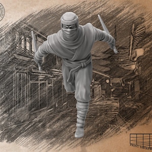 May include: A grey plastic miniature figurine of a ninja running with two swords in hand. The ninja is wearing a black mask and a black outfit. The background is a sketch of a city street.