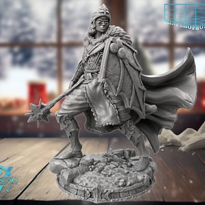 May include: A detailed gray figurine of a warrior, holding a staff with a star-shaped head and a shield. The warrior wears a helmet, glasses, and a fur-lined cloak. The figurine is standing on a rocky base. The Witchsong logo is visible.