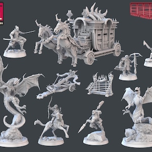 May include: A set of 3D printed miniatures, including a dragon, a carriage pulled by two horses, a catapult, a gate, and several figures. The miniatures are printed in a light grey colour and are ready to be painted.