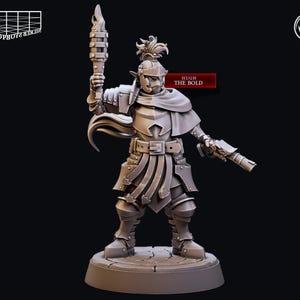 May include: A gray plastic miniature figurine of a fantasy character, a goblin warrior with a sword and a torch, standing on a round base. The figurine is labeled "Hugh the Bold".