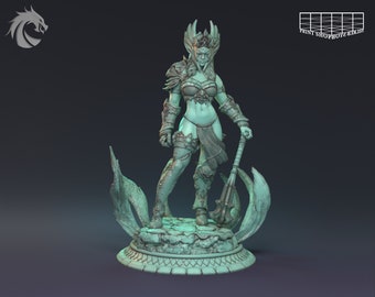 May include: A green painted miniature figurine of a female warrior with a horned helmet, holding a large axe. She is wearing armor and a skirt. The figurine is standing on a base with a rocky texture.