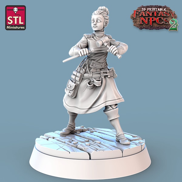 Miniatyr av klumpig tandläkare | Miniatyr av kvinnlig mänsklig tandläkare | Townsfolk NPC | för D&D 5e, Pathfinder och andra rollspel | 32 mm
