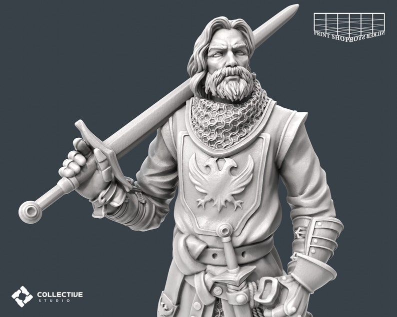Riddarlig säkerhetsvakt utan hjälm miniatyr | Vaktsvärdskämpe figur | NPC Townsfolk | för D&D 5e, Pathfinder och andra RPG:er | 32 mm | 75 mm bild 4