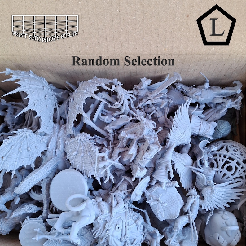May include: A box filled with a random selection of unpainted miniature figurines. The figurines are various fantasy creatures and characters, including dragons, angels, and warriors. The box has the text "Random Selection" printed on it.