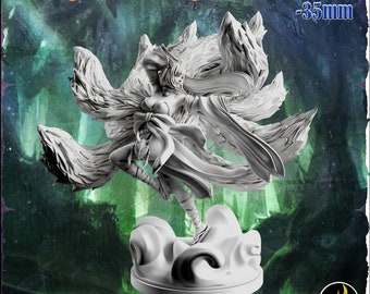 May include: A white painted miniature figurine of a kitsune, a Japanese fox spirit, with nine tails. The figurine is 3.5 inches tall and 3 inches wide. The kitsune is depicted in a flowing robe with a cloud base.