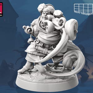 May include: A 3D printed miniature of a fantasy character, a stout, robed figure with a flowing cape and a determined expression. The figure is holding a staff and appears to be casting a spell.