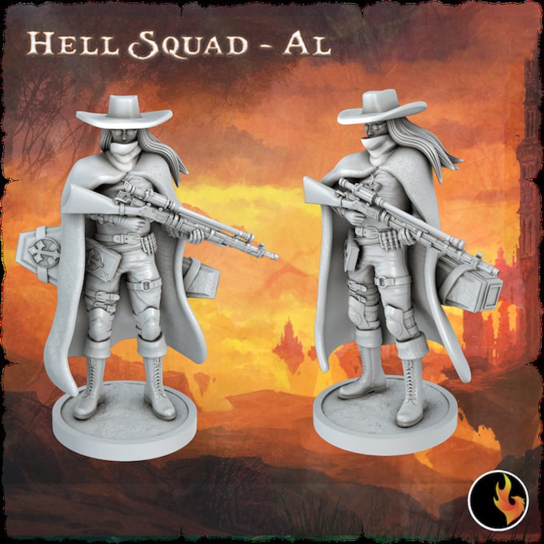 May include: A white painted miniature figure of a person wearing a wide-brimmed hat and a long coat, holding a rifle. The figure is standing on a round base. The background is a blurry image of a sunset.