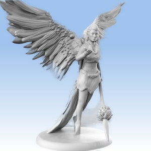 May include: A gray painted miniature figurine of a winged woman with a spear. She is wearing a skirt and a top with a feathered headdress. The figurine is standing on a round base.