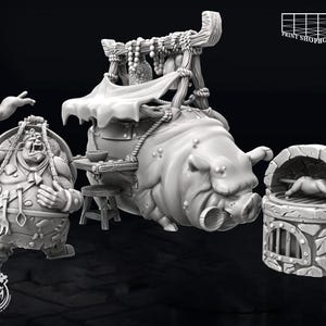 May include: A 3D-printed fantasy scene featuring a large, detailed pig-like creature with a food cart, a character holding a fish, and a stone oven with a roasted animal inside. The figures are all in shades of grey.