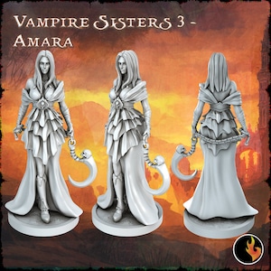 Battle Ready Vampire Sister Miniature | Female Vampire Miniature | for D&D 5e, Pathfinder and other RPG&#39;s | 28mm | 32mm | 75mm
