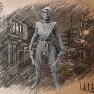 May include: A gray ninja figurine, posed with weapons, stands against a sketched backdrop of a Japanese village. The ninja wears a mask, hood, and traditional attire. The figurine is a miniature collectible.