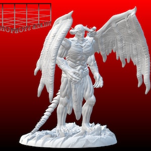 May include: White 3D printed miniature of a winged demon with a long tail and horns. The demon is standing on a rocky base.