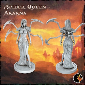 May include: A gray painted miniature figurine of a spider queen with eight spider legs. The queen is wearing a long gown with a fur collar and is standing on a round base.