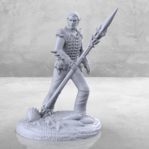 May include: A gray 3D printed miniature of a fantasy character holding a spear. The character is wearing armor and has a determined expression.