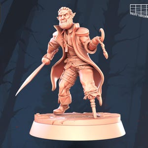 以下が含まれることがあります： テーブルゲーム用のファンタジーキャラクターの精巧なミニチュアフィギュア。 剣と鎖を持ち、ダイナミックなポーズをとっています。 キャラクターはロングコートを着ており、ひげを生やしています。 ベースは丸く、フィギュアはピーチ色です。