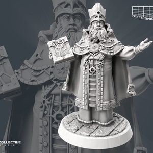 May include: A white 3D printed miniature of a wizard holding a book. The wizard is wearing a long robe with intricate details and a tall hat. The miniature is standing on a circular base.