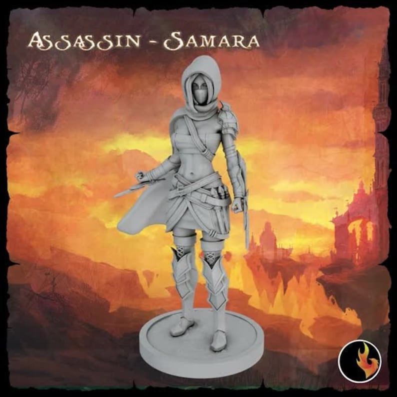 May include: A gray painted miniature figurine of a female assassin wearing a hooded cloak and holding a dagger. The figurine is standing on a round base and is set against a backdrop of a fiery sunset.