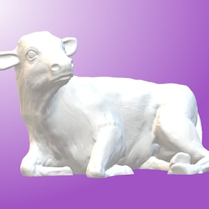 May include: A white ceramic sculpture of a cow lying down. The cow is facing to the right and has its head turned to the left. The sculpture is detailed with realistic features, including the cow's fur and hooves.
