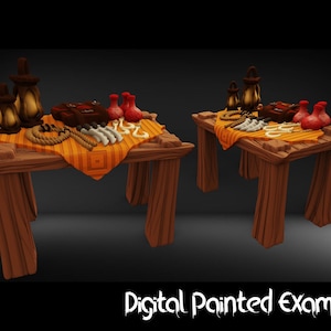 Table avec des marchandises miniatures | Table avec marchandises miniatures | terrain | RPG de table comme D&D ou Pathfinder | 28mm