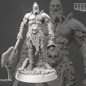 May include: A detailed miniature figurine of an Orc warrior, sculpted in gray plastic. The Orc is holding a large axe in one hand and a shield in the other. The Orc is wearing armor and a loincloth. The figurine is standing on a base.