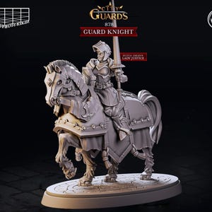 Puede incluir: Una miniatura de plástico gris de una mujer caballero a caballo, sosteniendo una lanza. La miniatura es parte de la colección City Guards, número 878, y se llama "Guard Knight". El texto "Silvia Oman, Lady Justice" también es visible en la miniatura.