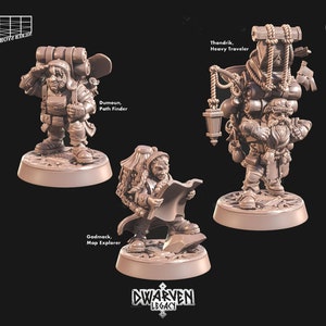 Puede incluir: Tres figuras en miniatura de enanos, cada uno con una profesión diferente y una mochila única. El primer enano es un buscador de caminos, el segundo es un viajero pesado y el tercero es un explorador de mapas. Las figuras están hechas de plástico marrón claro y están pintadas en un estilo realista.