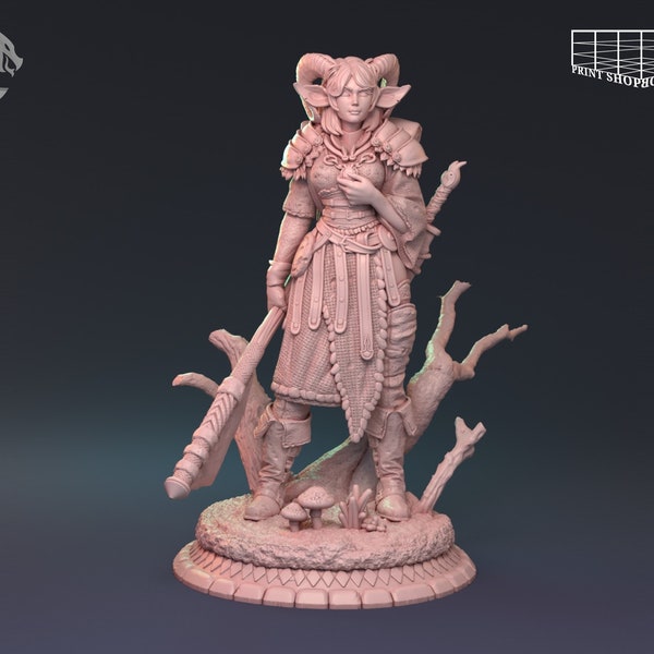 Faun Fighter Miniature | Female Satyr Druid Figure | for D&D 5e, Pathfinder and other RPG's | 28mm | 32mm | 75mm