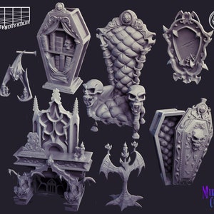 May include: A collection of gray 3D-printed gothic-themed miniatures. Includes a coffin-shaped bookshelf with a skull, a tufted chair with skull armrests, a mirror, a fireplace, a candelabra, and a coffin. The text "Midnight Curse" is visible.