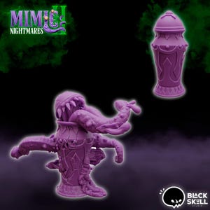 Könnte beinhalten: Zwei lila Fantasy-Figuren. Eine ist eine stilisierte Laterne mit dekorativen Schnitzereien. Die andere ist ein Monster mit einem zahnigen Maul und Tentakeln. Das Bild enthält den Text "MIMIC NIGHTMARES" und das Logo von Black Skull Studio.