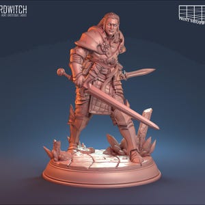May include: A detailed miniature figurine of a knight in full armour, holding a sword in each hand. The knight is standing on a rocky base with a textured surface. The figurine is painted in a light brown colour.